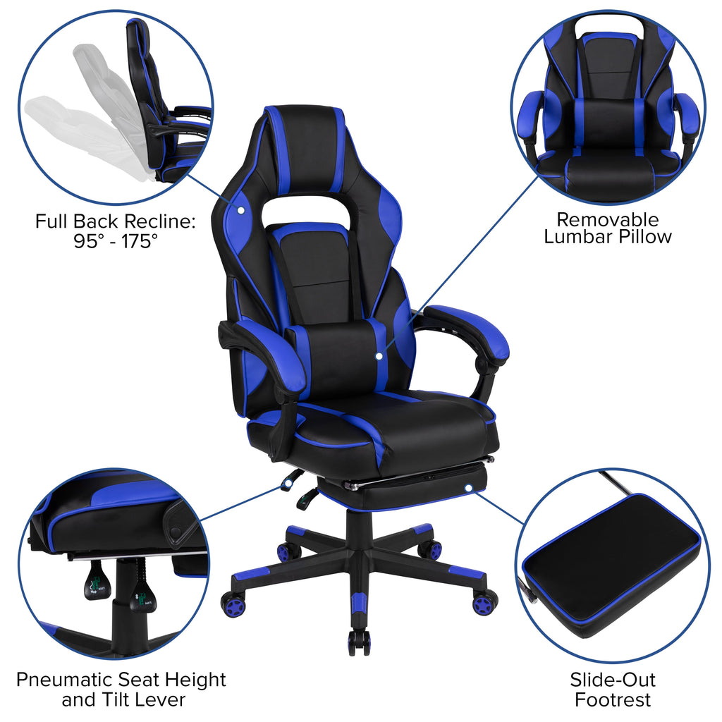 Black/Blue Ergonomic Gaming Chair -Recline Back/Arms, Footrest, Massaging Lumbar
