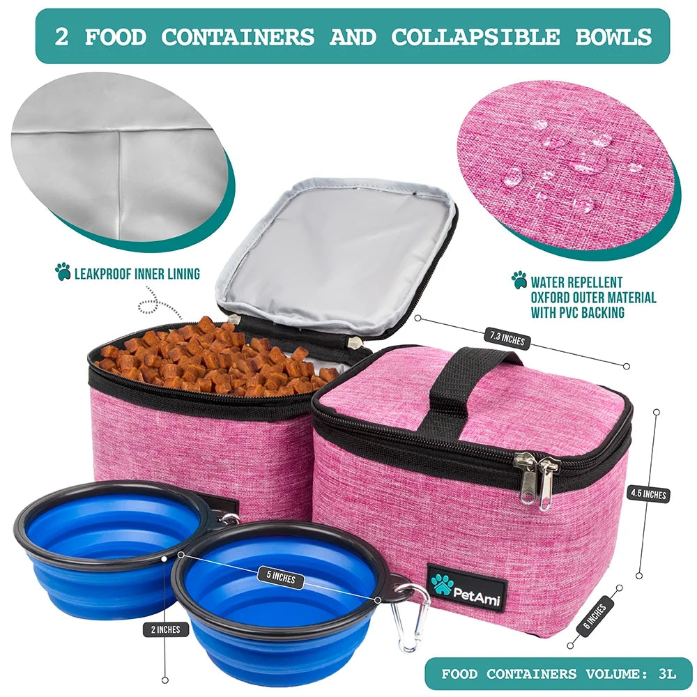 Dog Travel Bag, Travel Pet Bag Organizer, Dog Food Travel Bag with Food Container and Bowls, Dog Travel Supplies Gift Accessories for Weekend Camping, Dog Cat Diaper Bag (Pink, Medium)