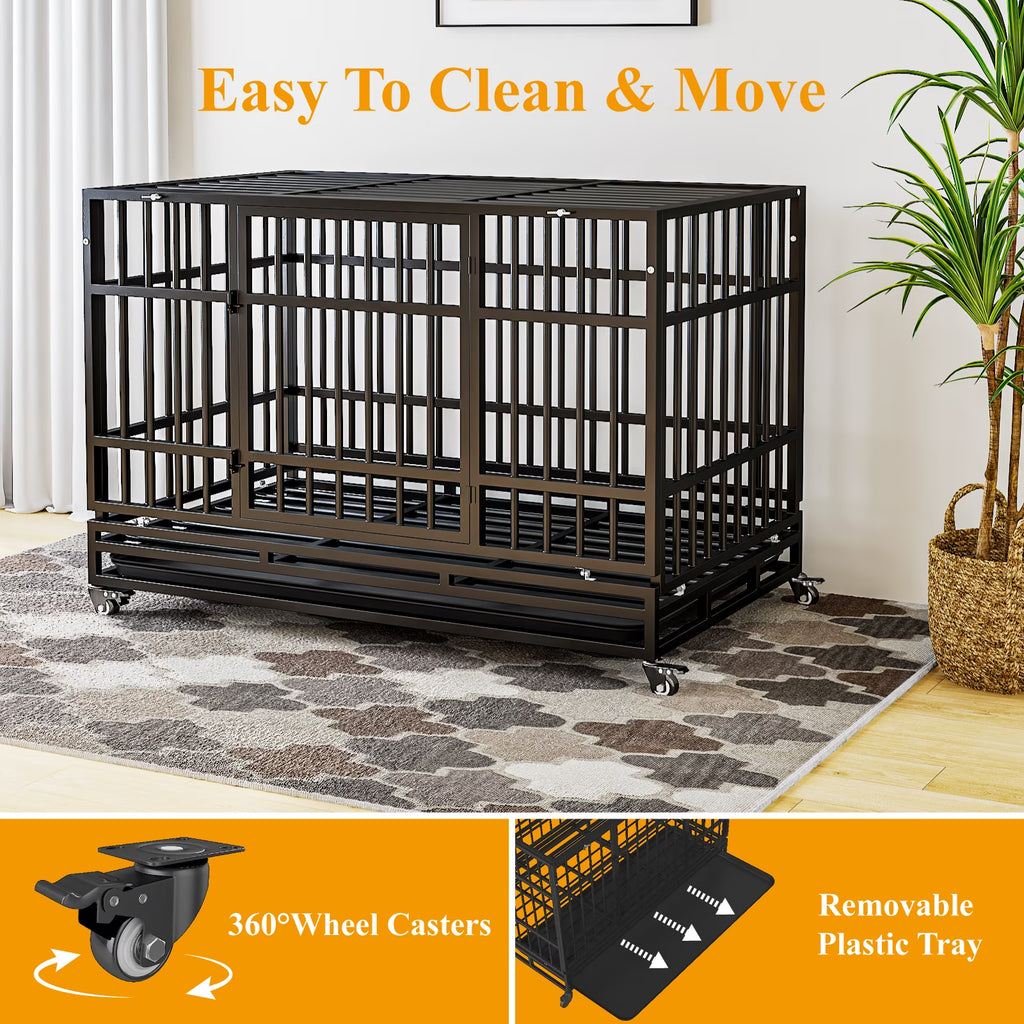 48 Inch Heavy Duty Indestructible Dog Crate W/ Double Doors Indoor Extra Large Dog Crate W/ Self-Locking Latch & Removable Tray