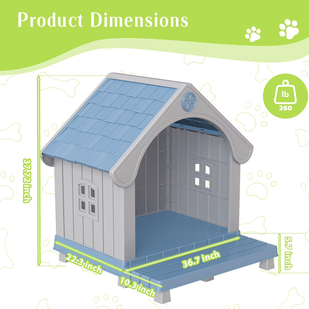 Easyup Dog House Resin Dog Kennel with Cute Elegant Design & Extended Elevated Floor, Dog Houses for Large Dogs outside Weatherproof for Indoor & Outdoor Use
