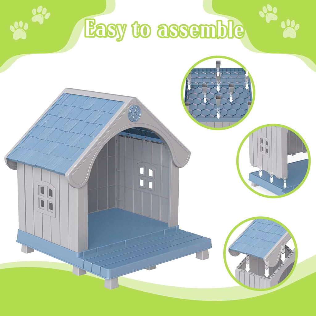Easyup Dog House Resin Dog Kennel with Cute Elegant Design & Extended Elevated Floor, Dog Houses for Large Dogs outside Weatherproof for Indoor & Outdoor Use