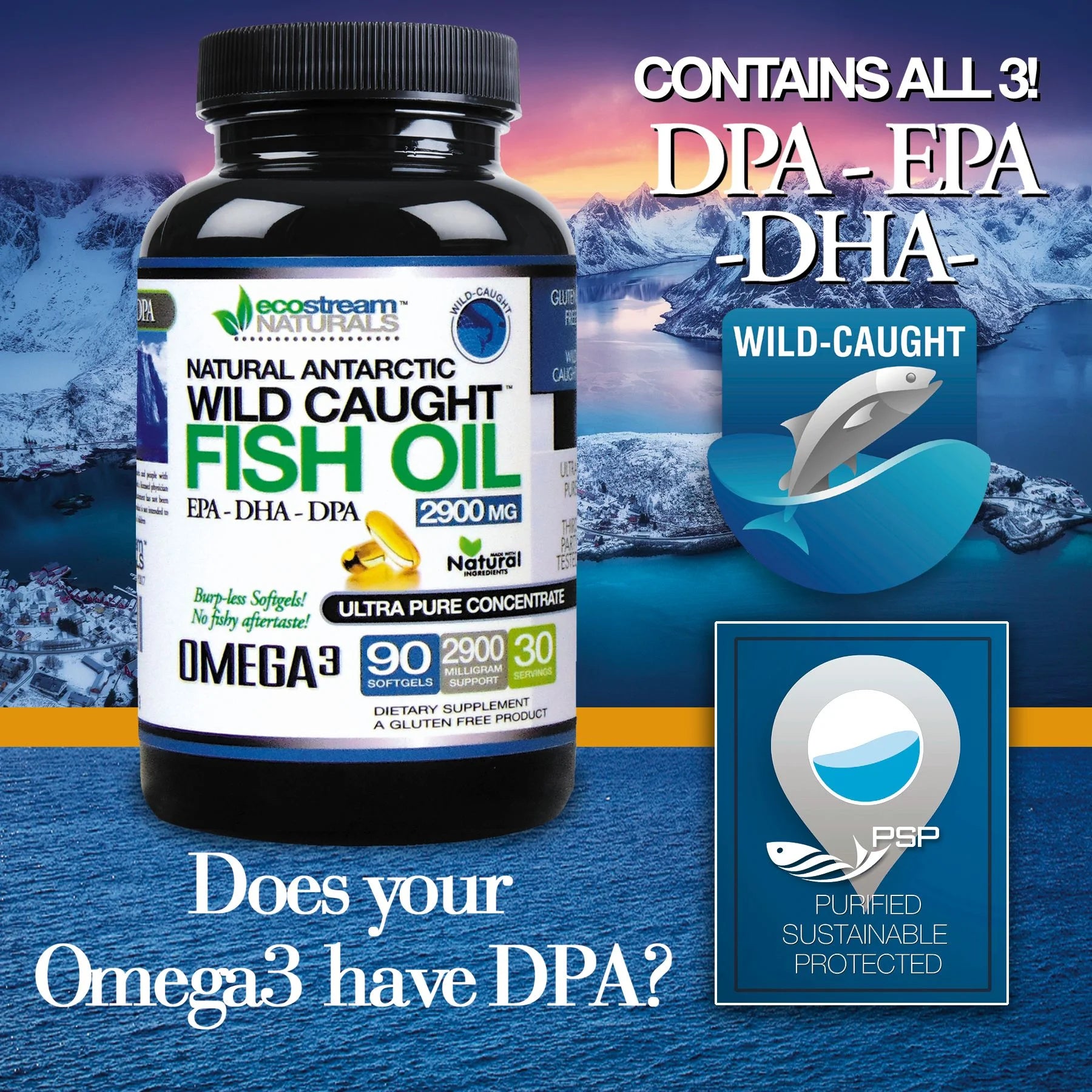 (Pack of 3) Natural Antarctic Wild Caught Omega 3 Fish Oil DPA-EPA-DHA Supplement
