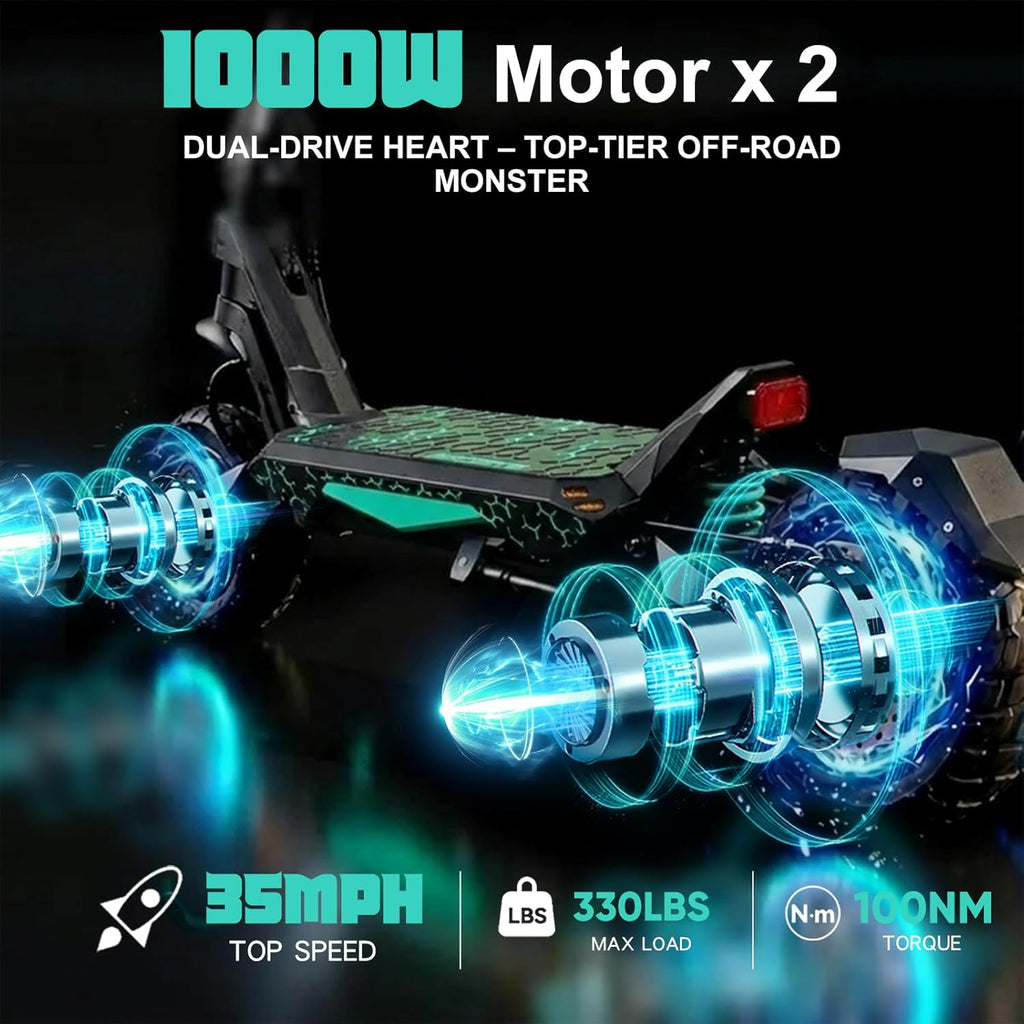 Off Road Electric Scooter for Adults, E Scooter with Dual 1000W Motors, Foldable Scooters, 10" Tires, up to 35 MPH Top Speed, 31-35 Miles Range, Dual Brake & Dual Suspension