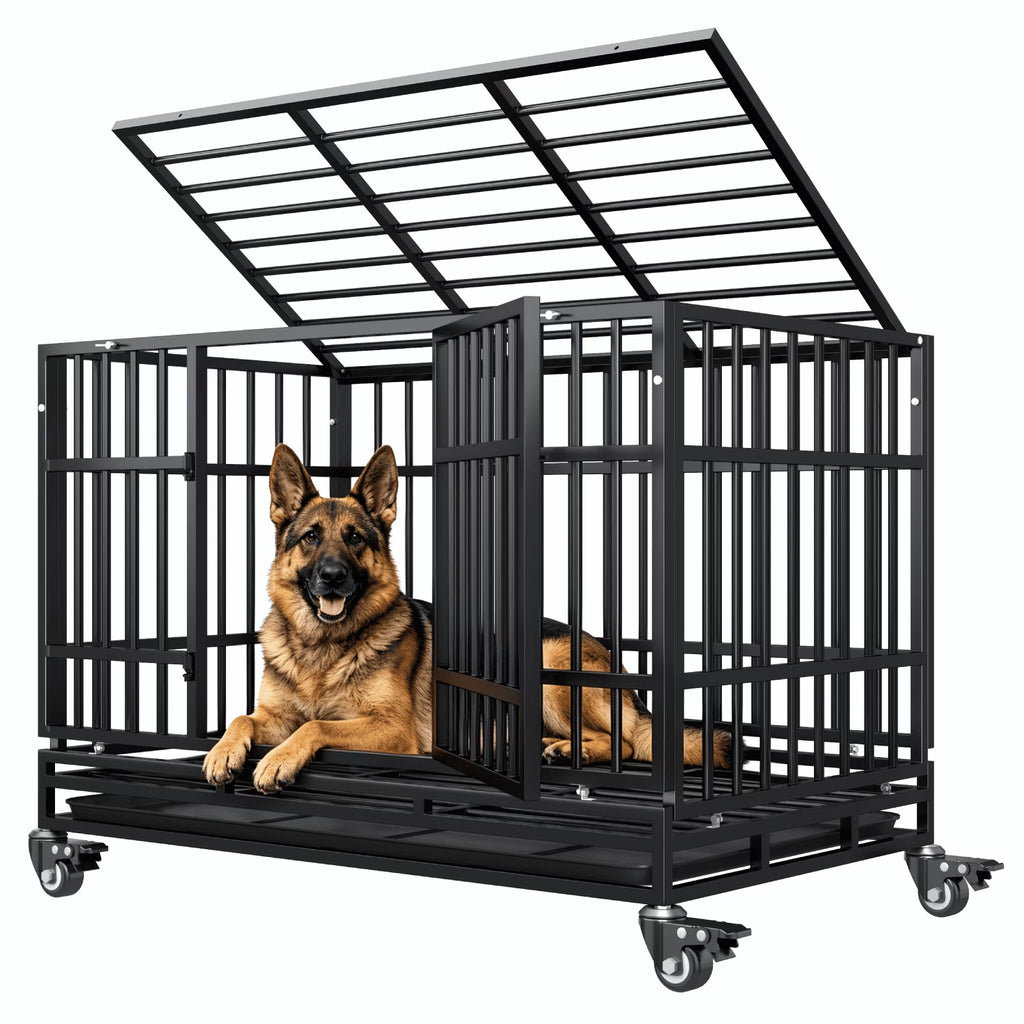 48 Inch Heavy Duty Indestructible Dog Crate W/ Double Doors Indoor Extra Large Dog Crate W/ Self-Locking Latch & Removable Tray