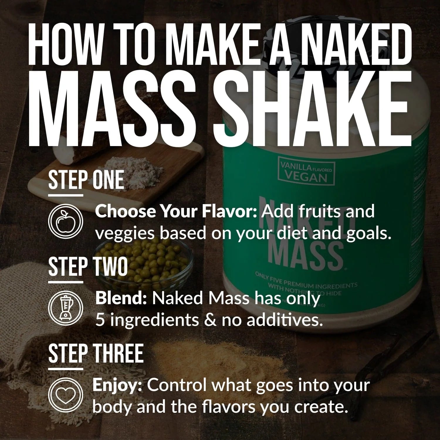 NAKED Mass - Vanilla Vegan Weight Gainer - 8Lb Bulk, GMO Free, Gluten Free, Soy Free & Dairy Free. No Artificial Ingredients - 1,230 Calories - 11 Servings