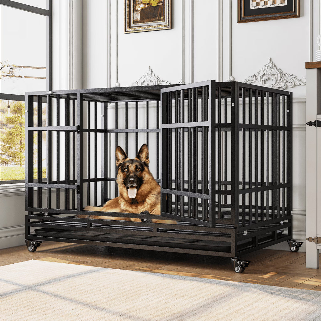 48 Inch Heavy Duty Indestructible Dog Crate W/ Double Doors Indoor Extra Large Dog Crate W/ Self-Locking Latch & Removable Tray