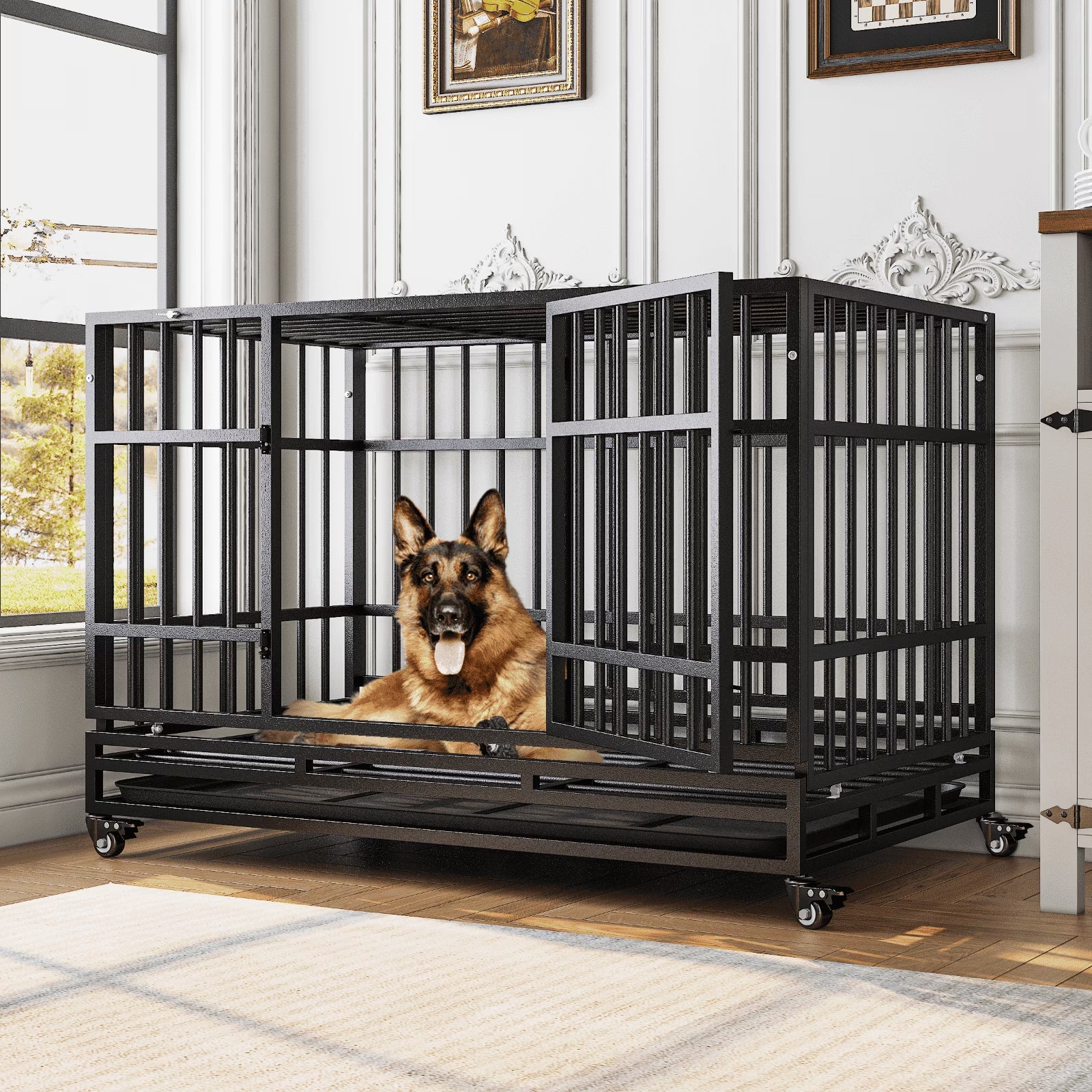 48 Inch Heavy Duty Indestructible Dog Crate W/ Double Doors Indoor Extra Large Dog Crate W/ Self-Locking Latch & Removable Tray