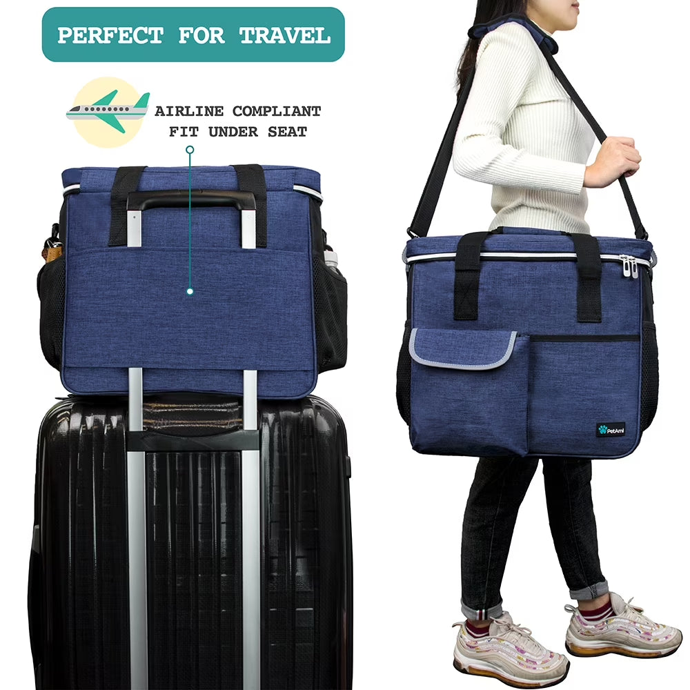 Dog Travel Bag, Travel Pet Bag Organizer, Dog Food Travel Bag with Food Container and Bowls, Dog Travel Supplies Gift Accessories for Weekend Camping, Dog Cat Diaper Bag (Navy, Large)