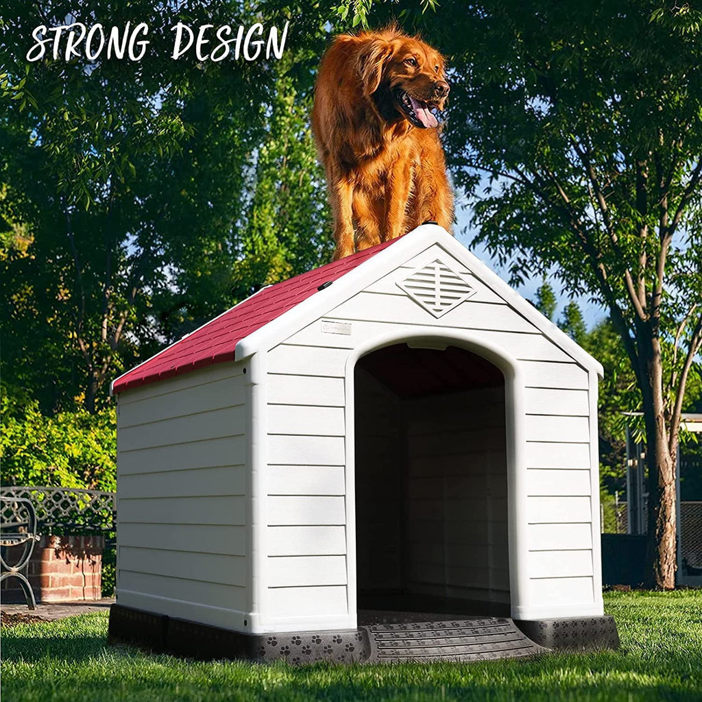 Durable Waterproof Plastic Dog House for Small to Large Sized Dogs, Indoor Outdoor Doghouse with Elevated Floor