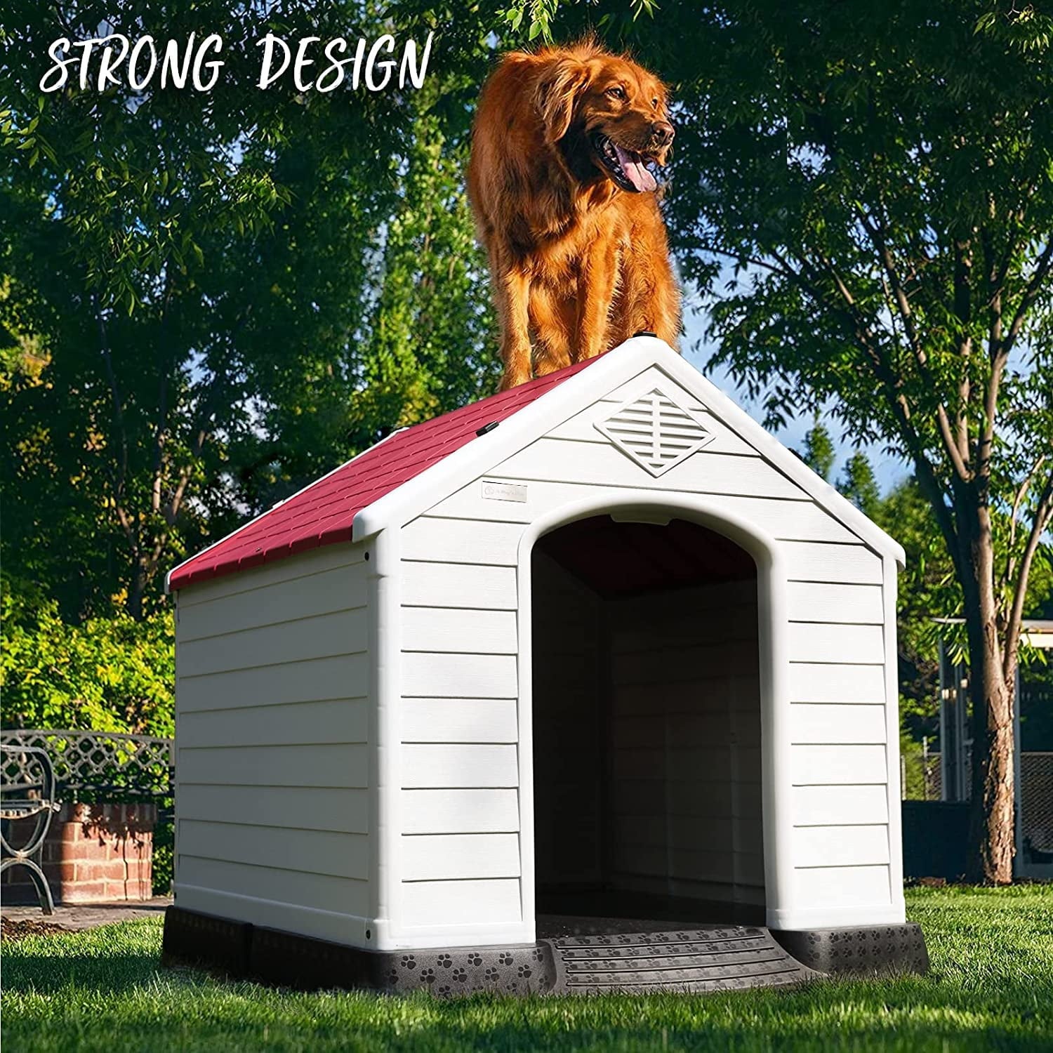 Durable Waterproof Plastic Dog House for Small to Large Sized Dogs, Indoor Outdoor Doghouse with Elevated Floor