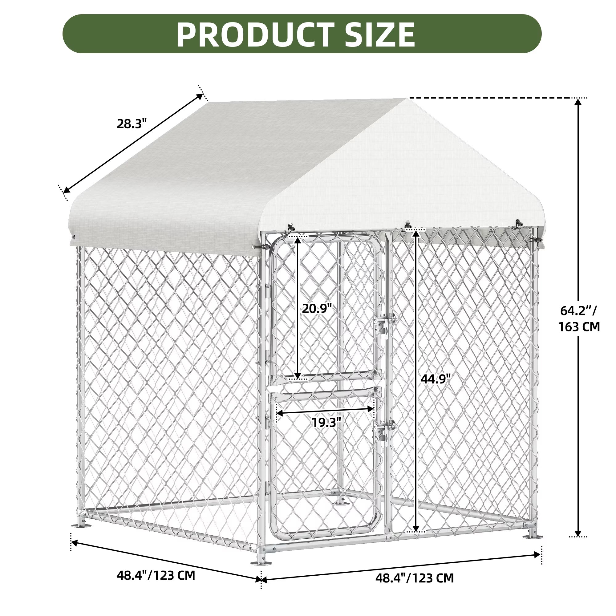 4×5.4FT Outdoor Dog Kennel, Square Dog Crates Fence with Dual-Section Doors, Weather-Resistant Roof Cover, Mesh Design for Dogs of Various Sizes, Silver