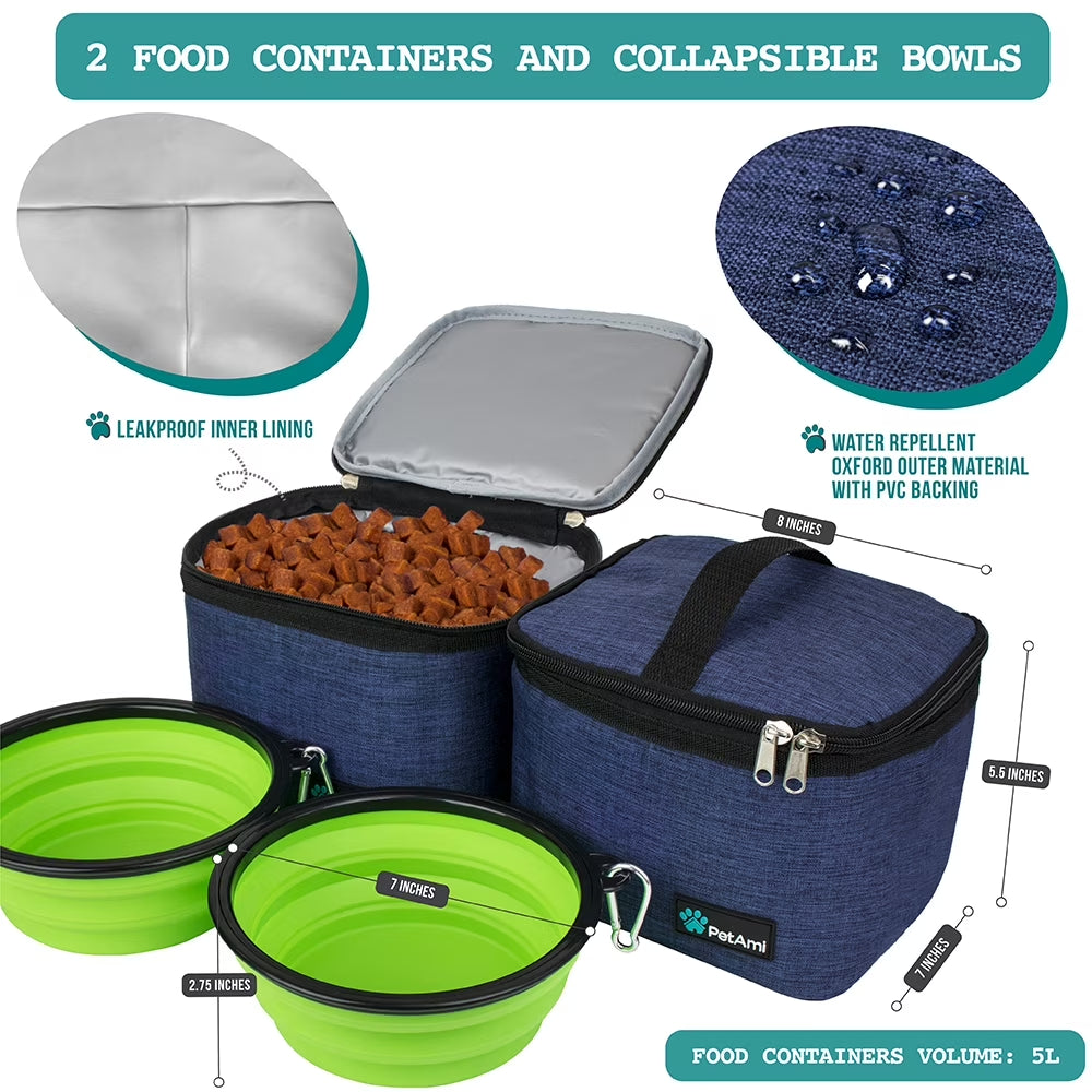 Dog Travel Bag, Travel Pet Bag Organizer, Dog Food Travel Bag with Food Container and Bowls, Dog Travel Supplies Gift Accessories for Weekend Camping, Dog Cat Diaper Bag (Navy, Large)