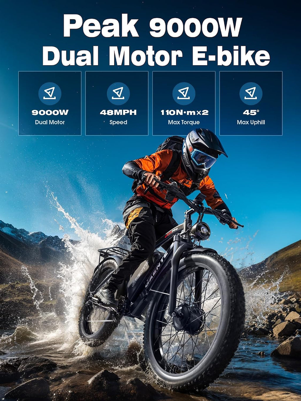 Electric Bike for Adults,Peak 9000W Brushless Dual Motor Ebike,58V32Ah Electric Bicycle 24/26" Fat Tire,Max Speed 45Mph E-Bike,Dual Hydraulic Disc Brake Electric Mountain Bike for Men Women
