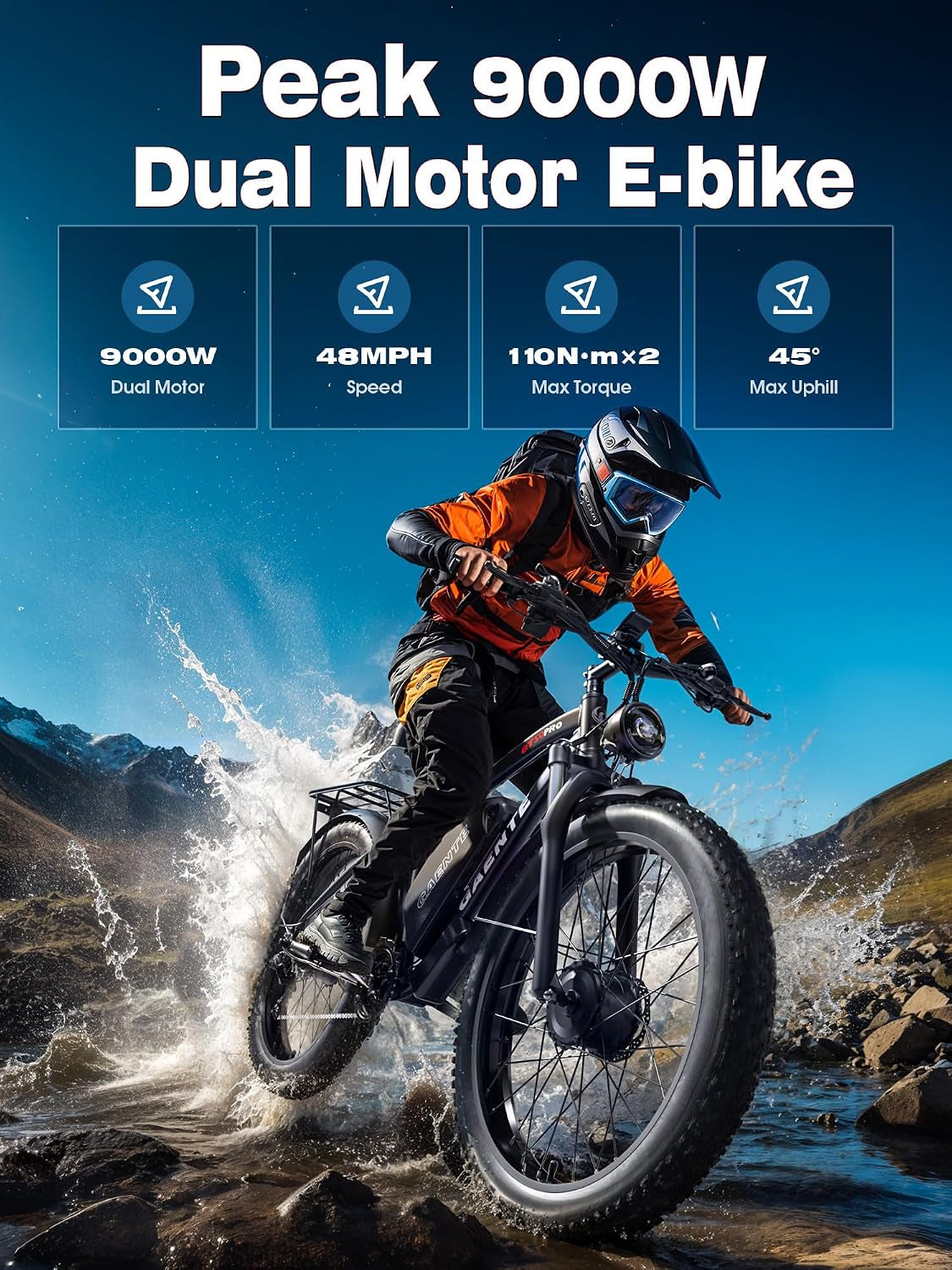 Electric Bike for Adults,Peak 9000W Brushless Dual Motor Ebike,58V32Ah Electric Bicycle 24/26" Fat Tire,Max Speed 45Mph E-Bike,Dual Hydraulic Disc Brake Electric Mountain Bike for Men Women