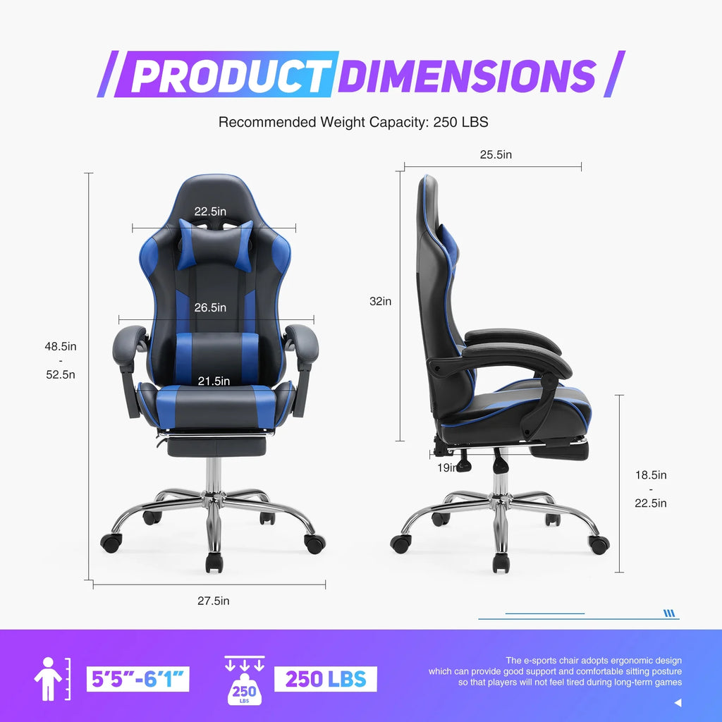 Gaming Chair with Headrest and Lumbar Pillow, Ergonomic Blue