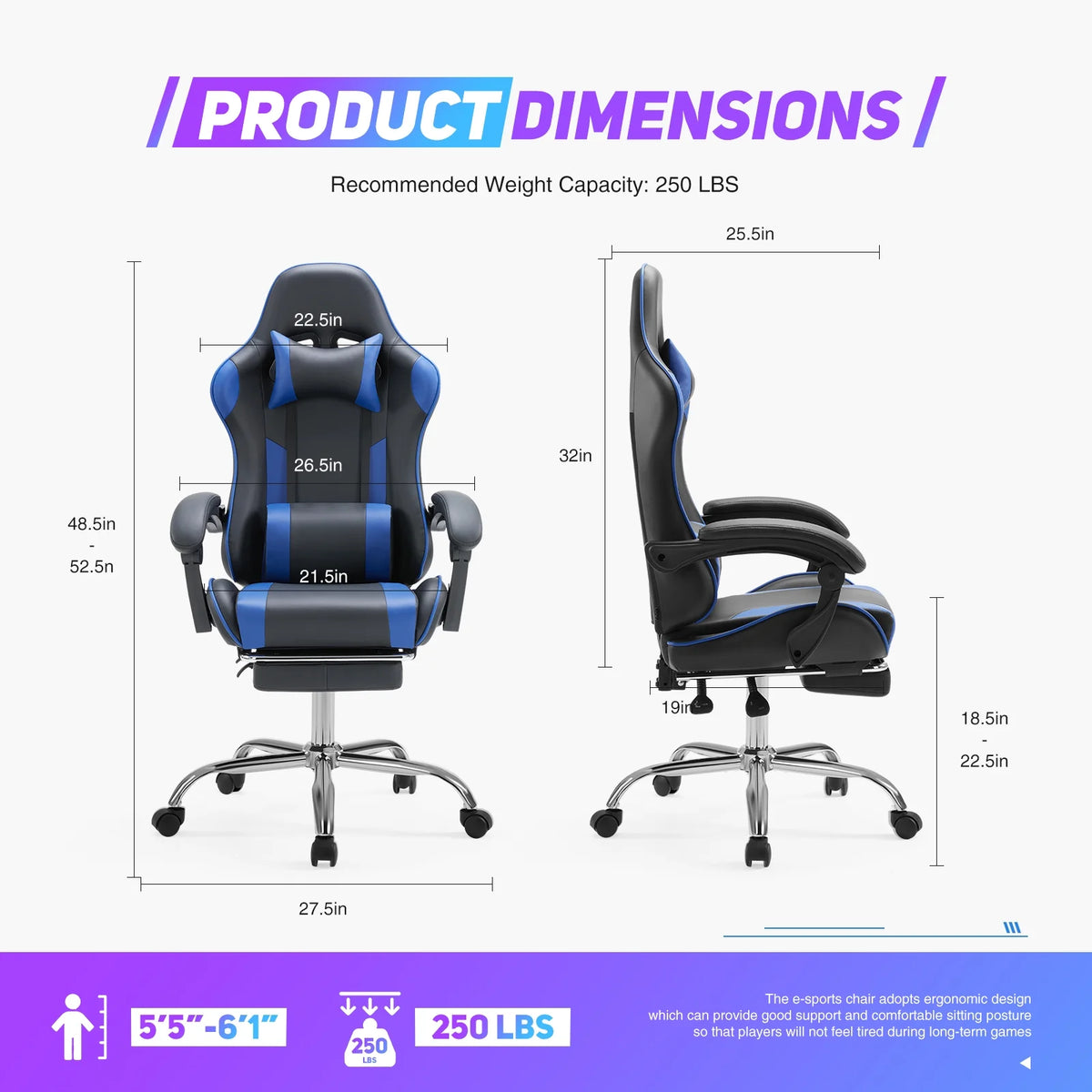 Gaming Chair with Headrest and Lumbar Pillow, Ergonomic Blue