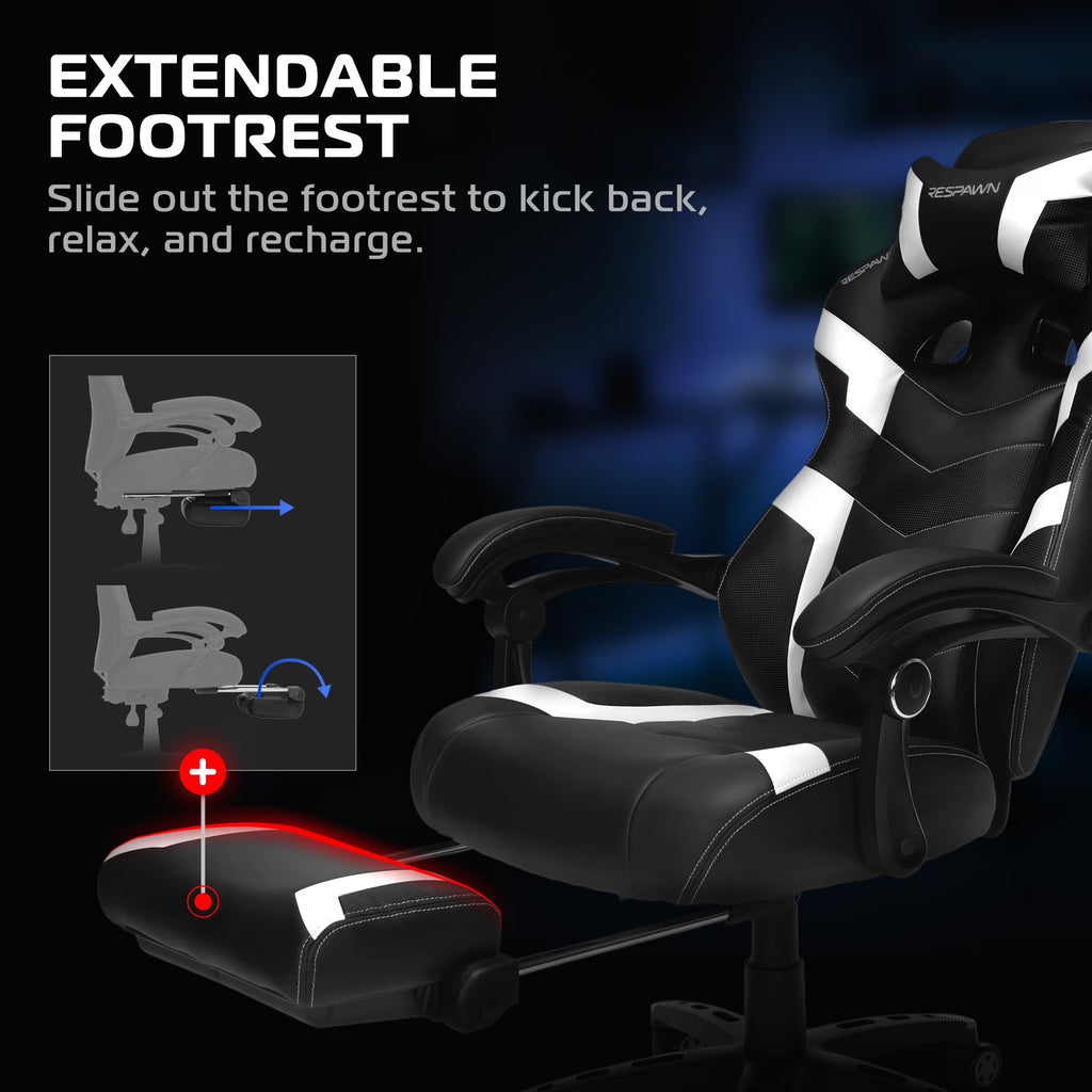 110 Pro Ergonomic Gaming Chair with Footrest for Adults - Comfortable Office Gaming Recliner with Lumbar Support and Headrest, Racing Style Video Game Chairs for Computer Gamer - White
