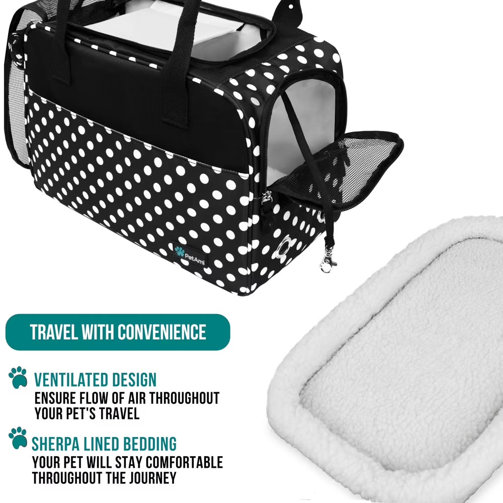 Dog Purse Carrier for Small Dogs, Airline Approved Soft Sided Pet Carrier Pockets, Ventilated Dog Carrying Bag Puppy Cat, Dog Travel Supplies Accessories Carry Tote, Sherpa Bed, Polka Dot Black