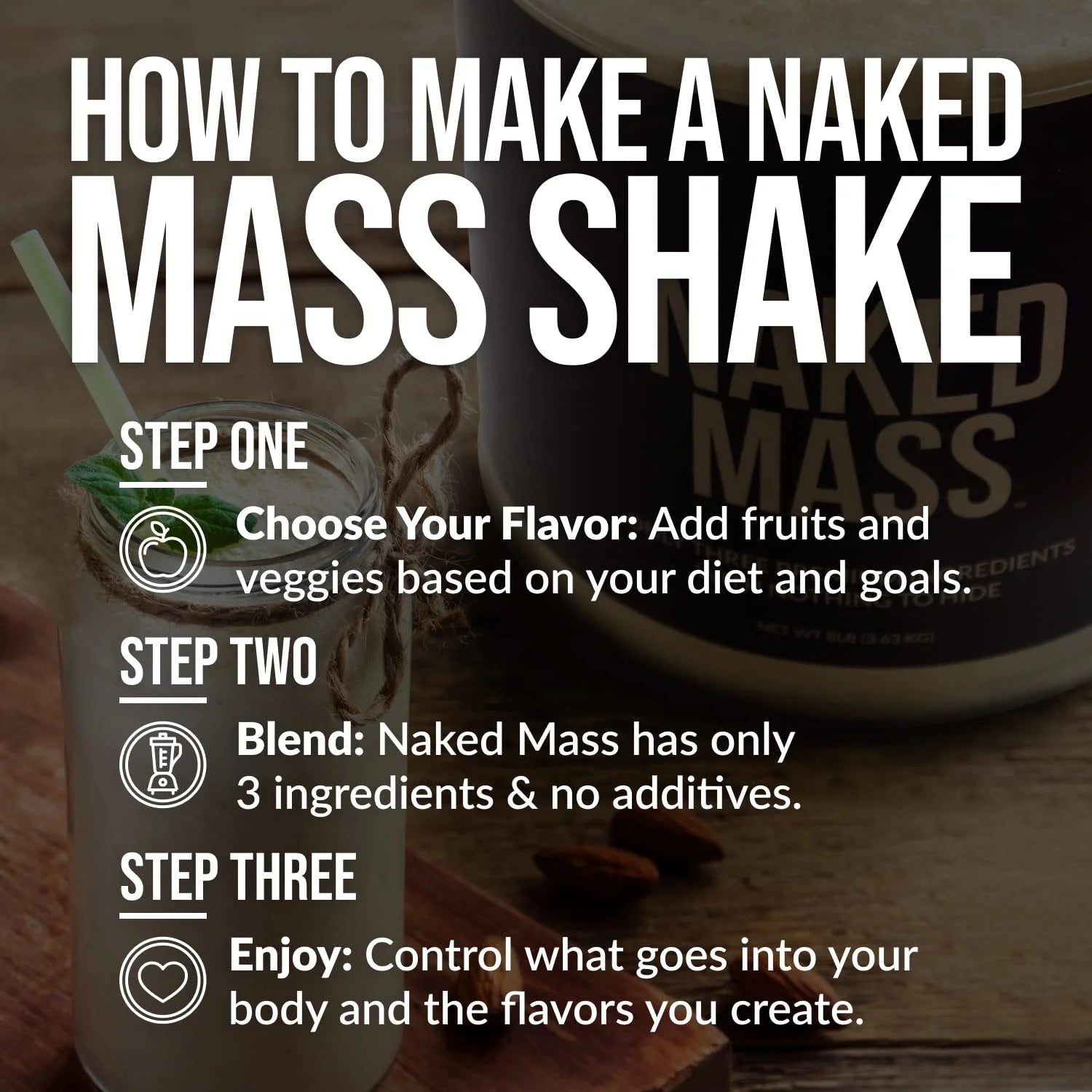 Naked Mass - Natural Weight Gainer Protein Powder - 8 LB Bulk, GMO Free, Gluten Free & Soy Free. No Artificial Ingredients - 1,250 Calories per Serving
