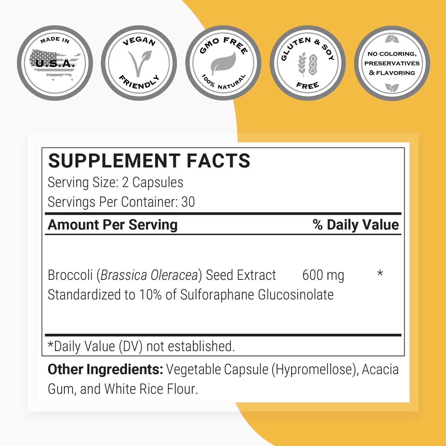 Broccoli Sulforaphane Glucosinolate 600Mg per Day (High Strength) - 10% SGS with Myrosinase - Broccoli Supplement | Non-Gmo & Gluten Free - 60 Vegetarian Capsules