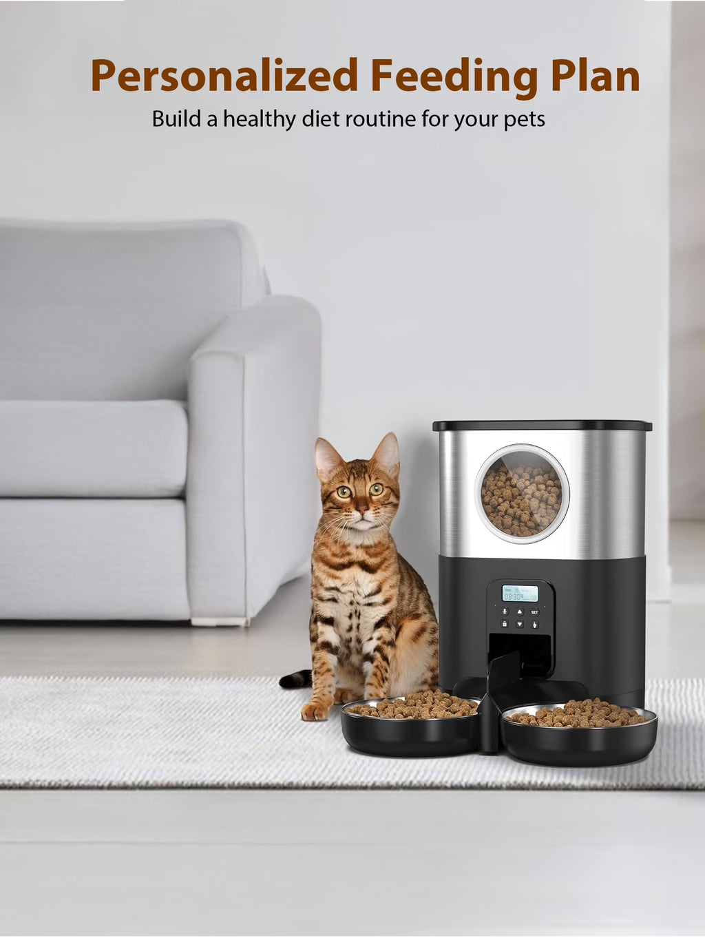 5L/20 Cups Large Capacity Automatic Cat Feeder for 2 Cats, with Timer and Voice Function, Cats Dry Food Dispenser with 2 Stainless Steel Bowl for Pets - Black