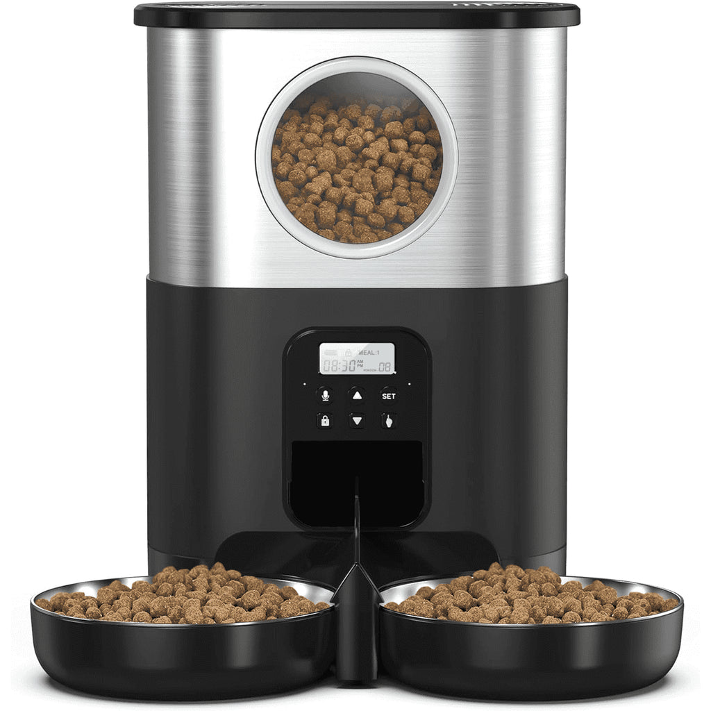 5L/20 Cups Large Capacity Automatic Cat Feeder for 2 Cats, with Timer and Voice Function, Cats Dry Food Dispenser with 2 Stainless Steel Bowl for Pets - Black