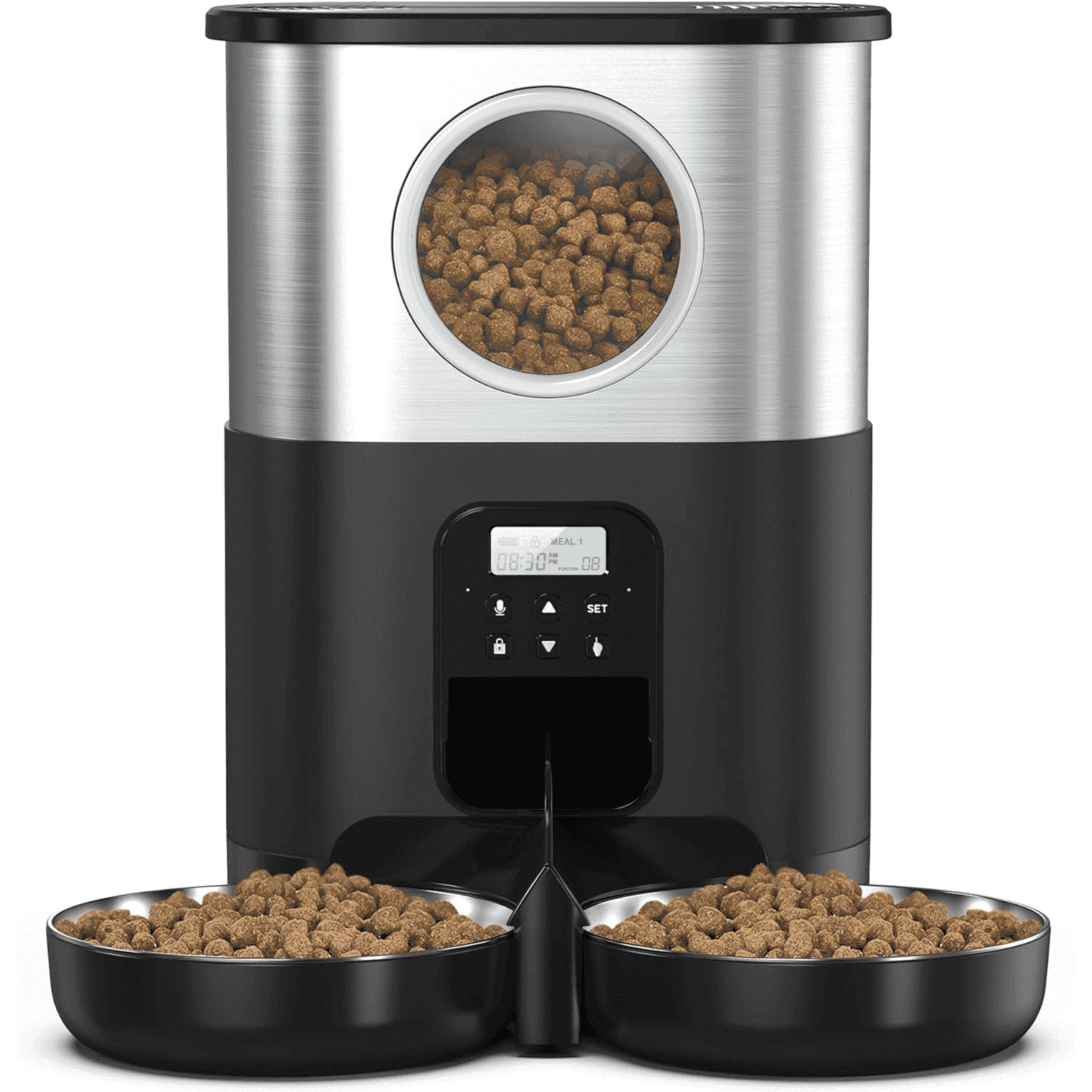 5L/20 Cups Large Capacity Automatic Cat Feeder for 2 Cats, with Timer and Voice Function, Cats Dry Food Dispenser with 2 Stainless Steel Bowl for Pets - Black