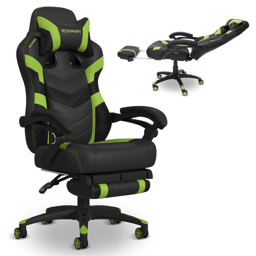 110 Pro Ergonomic Gaming Chair with Footrest for Adults - Comfortable Office Gaming Recliner with Lumbar Support and Headrest, Racing Style Video Game Chairs for Computer Gamer - White
