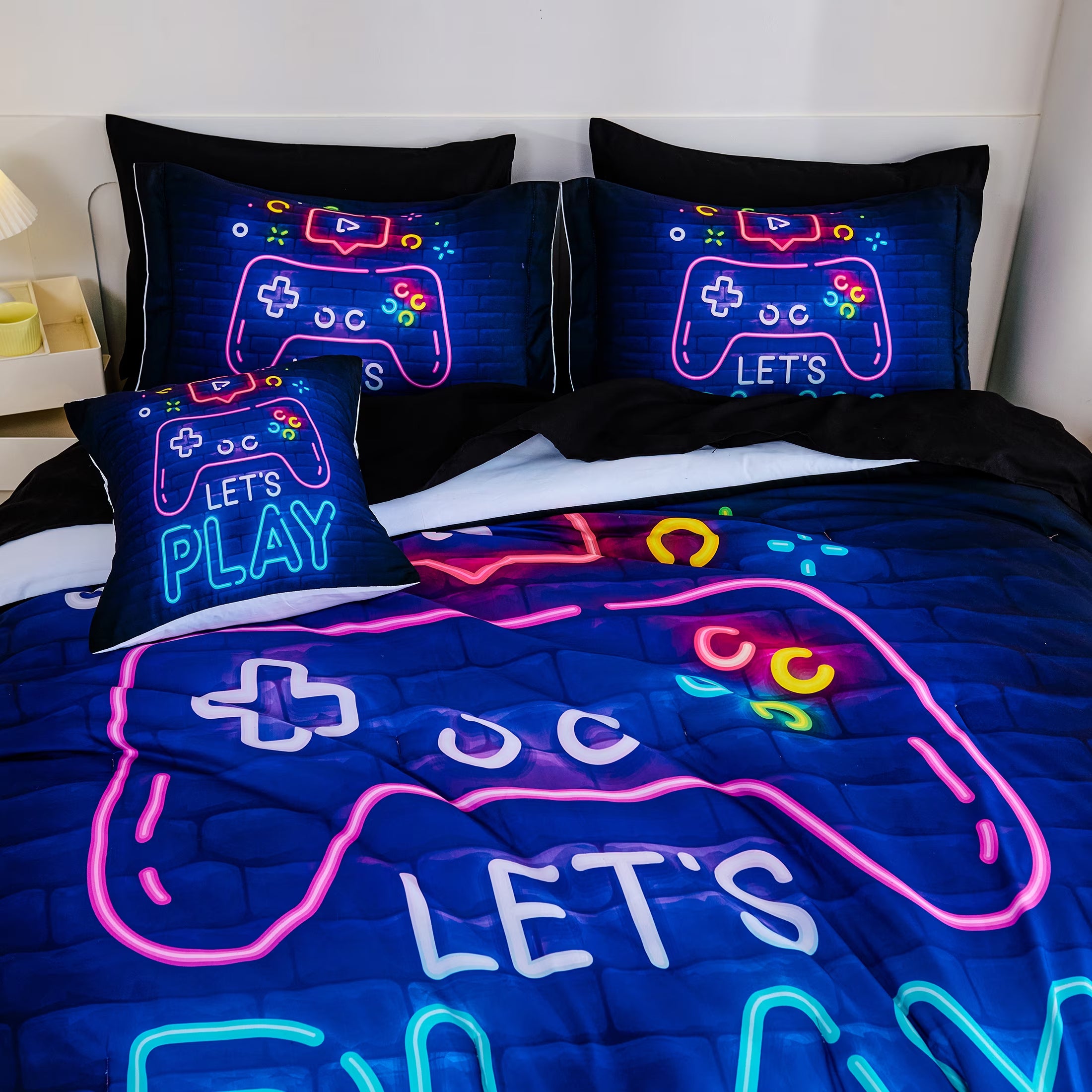 8 Pieces Neon Gamer Comforter Set Full Size for Boys, Kids Bedroom Decor Soft Gaming Bedding, Video Game Controller Design Bed Set, Black Purple