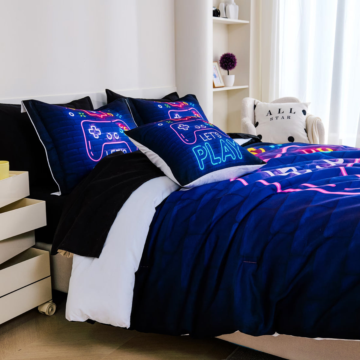 8 Pieces Neon Gamer Comforter Set Full Size for Boys, Kids Bedroom Decor Soft Gaming Bedding, Video Game Controller Design Bed Set, Black Purple