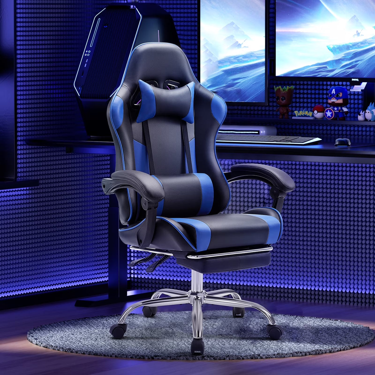 Gaming Chair with Headrest and Lumbar Pillow, Ergonomic Blue