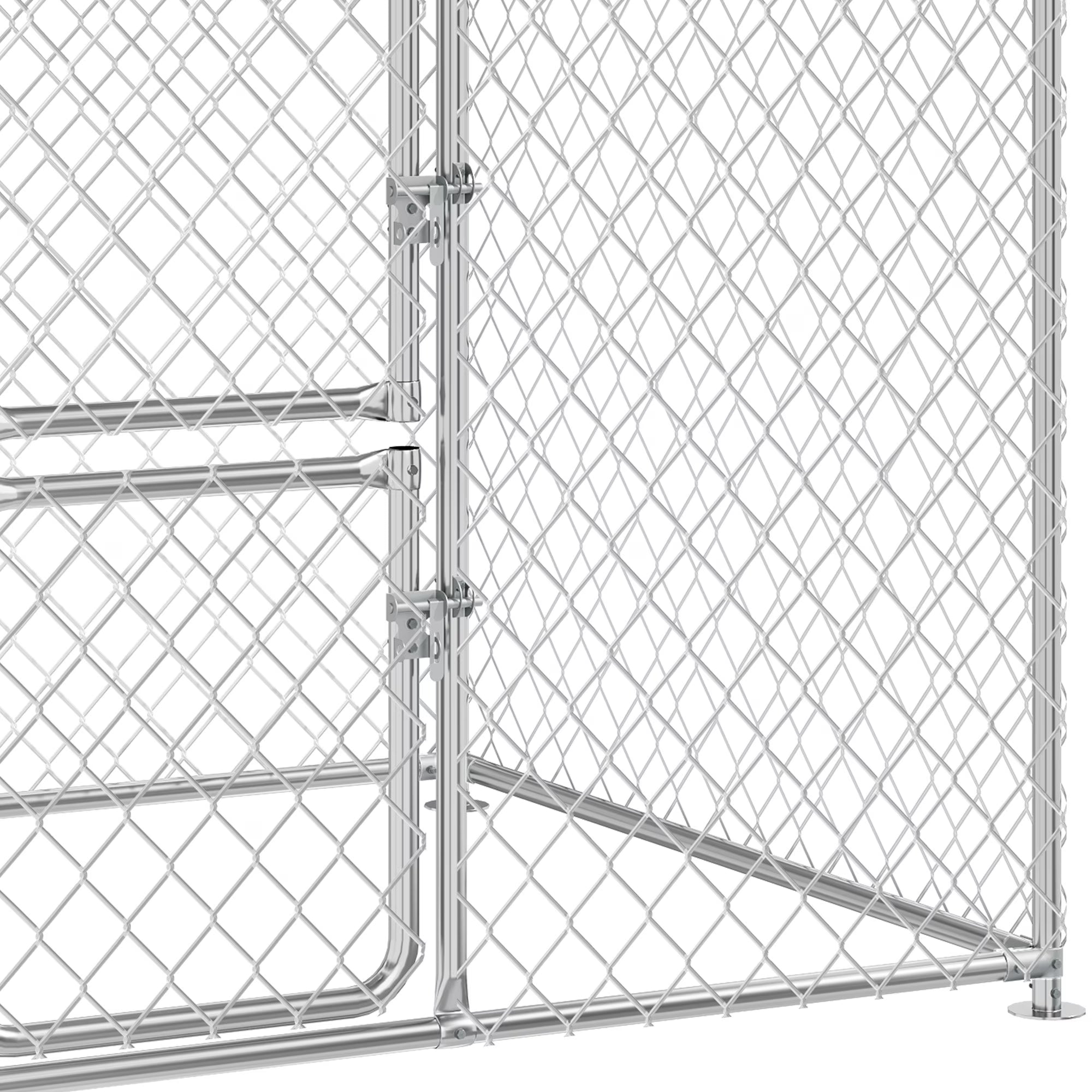 4×5.4FT Outdoor Dog Kennel, Square Dog Crates Fence with Dual-Section Doors, Weather-Resistant Roof Cover, Mesh Design for Dogs of Various Sizes, Silver