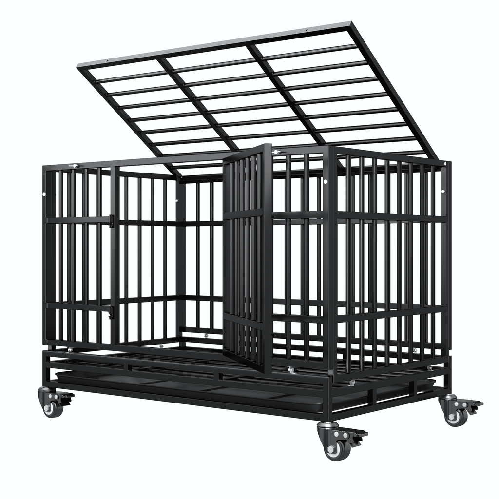 48 Inch Heavy Duty Indestructible Dog Crate W/ Double Doors Indoor Extra Large Dog Crate W/ Self-Locking Latch & Removable Tray