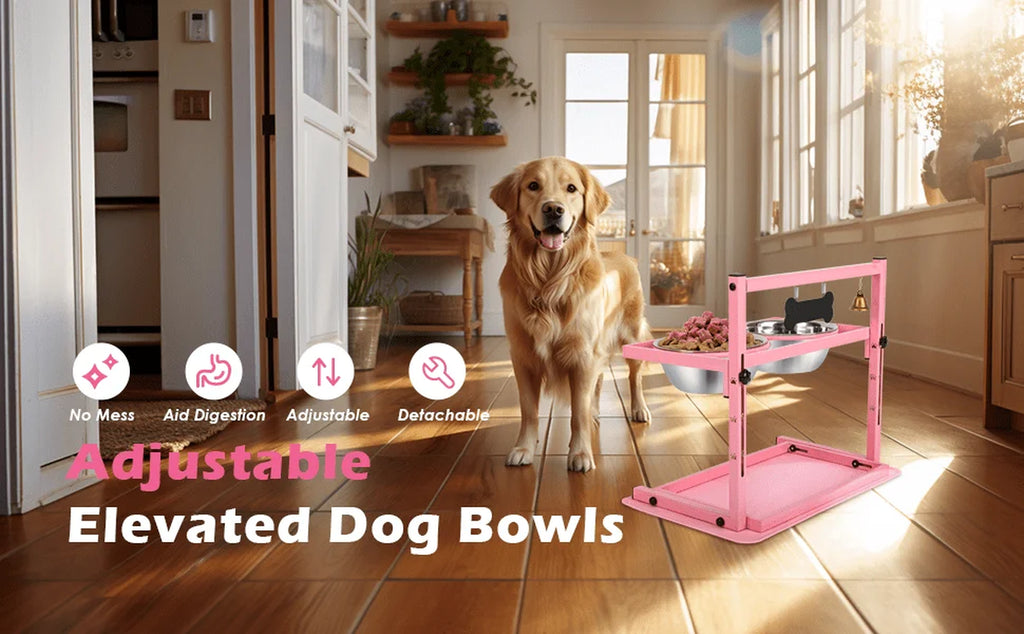 Pink Raised Dog Bowl Stand with Two 1700Ml Stainless Steel Food Bowl, a Slow Dog Bowls and Mat, , Height Adjustable from 4.5In to 12In
