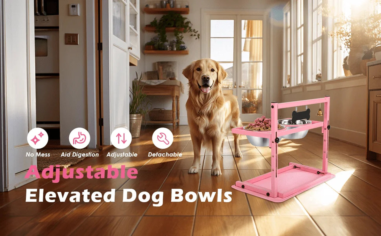Pink Raised Dog Bowl Stand with Two 1700Ml Stainless Steel Food Bowl, a Slow Dog Bowls and Mat, , Height Adjustable from 4.5In to 12In