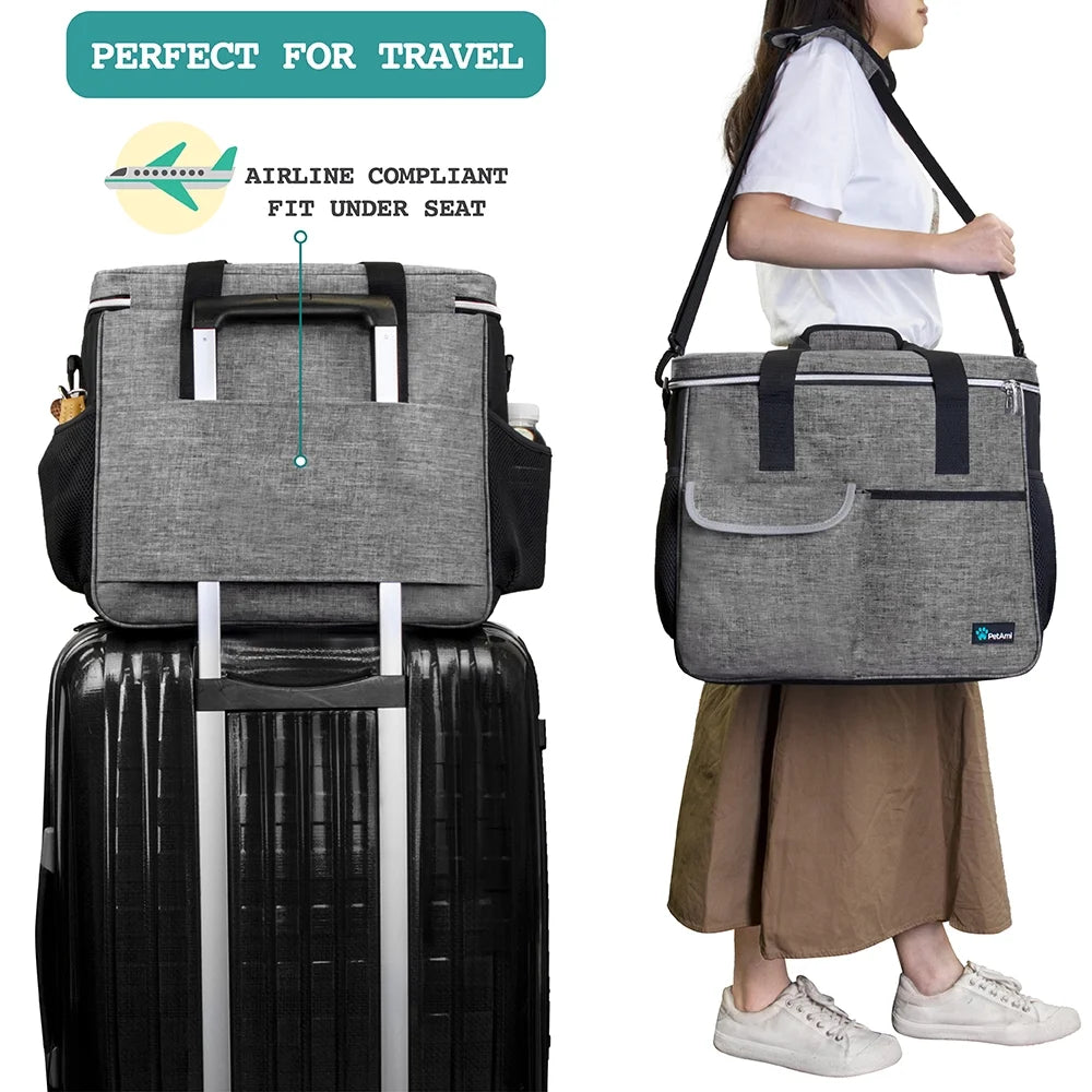 Dog Travel Bag, Travel Pet Bag Organizer, Dog Food Travel Bag with Food Container and Bowls, Dog Travel Supplies Gift Accessories for Weekend Camping, Dog Cat Diaper Bag (Grey, Large)
