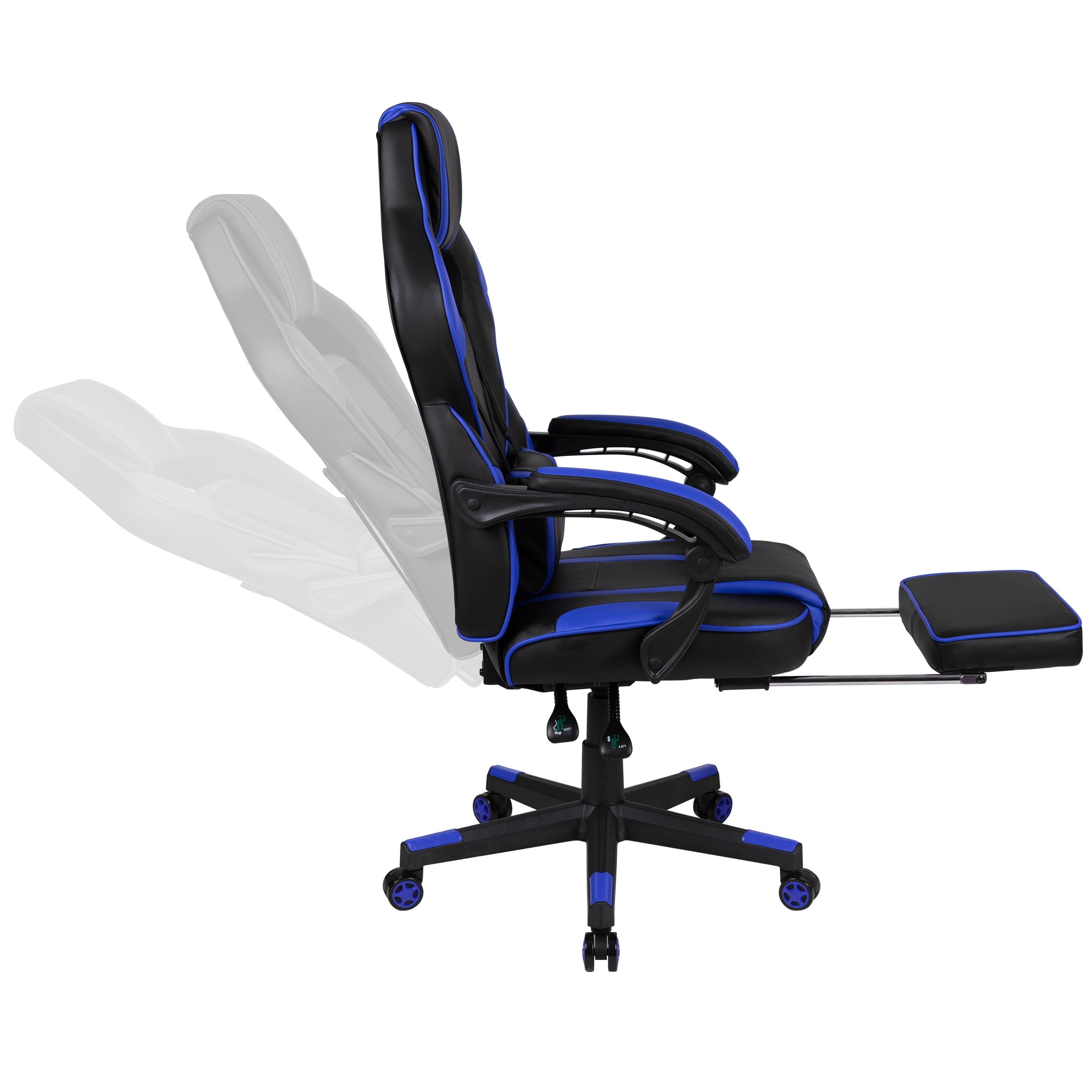 Black/Blue Ergonomic Gaming Chair -Recline Back/Arms, Footrest, Massaging Lumbar
