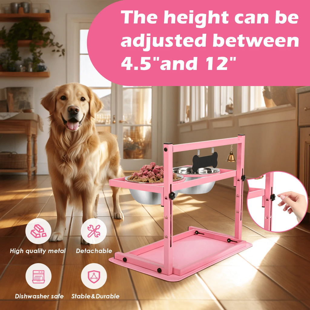 Pink Raised Dog Bowl Stand with Two 1700Ml Stainless Steel Food Bowl, a Slow Dog Bowls and Mat, , Height Adjustable from 4.5In to 12In