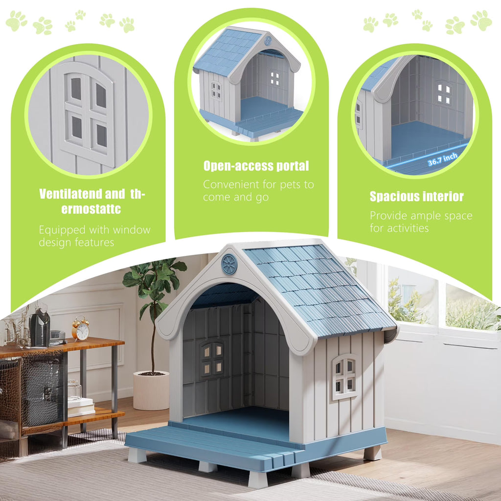 Easyup Dog House Resin Dog Kennel with Cute Elegant Design & Extended Elevated Floor, Dog Houses for Large Dogs outside Weatherproof for Indoor & Outdoor Use