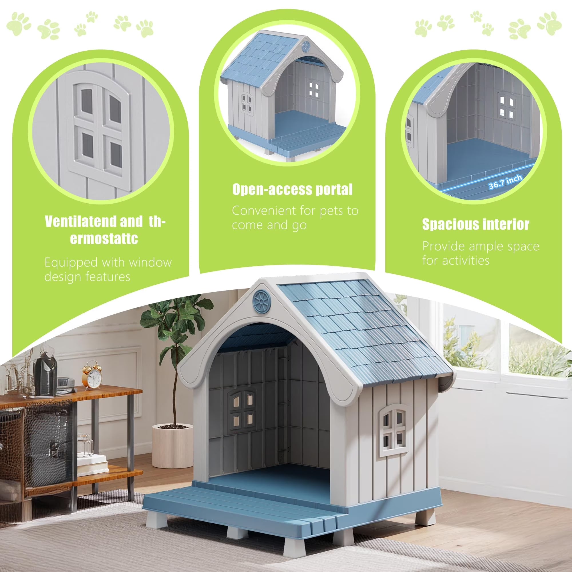 Easyup Dog House Resin Dog Kennel with Cute Elegant Design & Extended Elevated Floor, Dog Houses for Large Dogs outside Weatherproof for Indoor & Outdoor Use