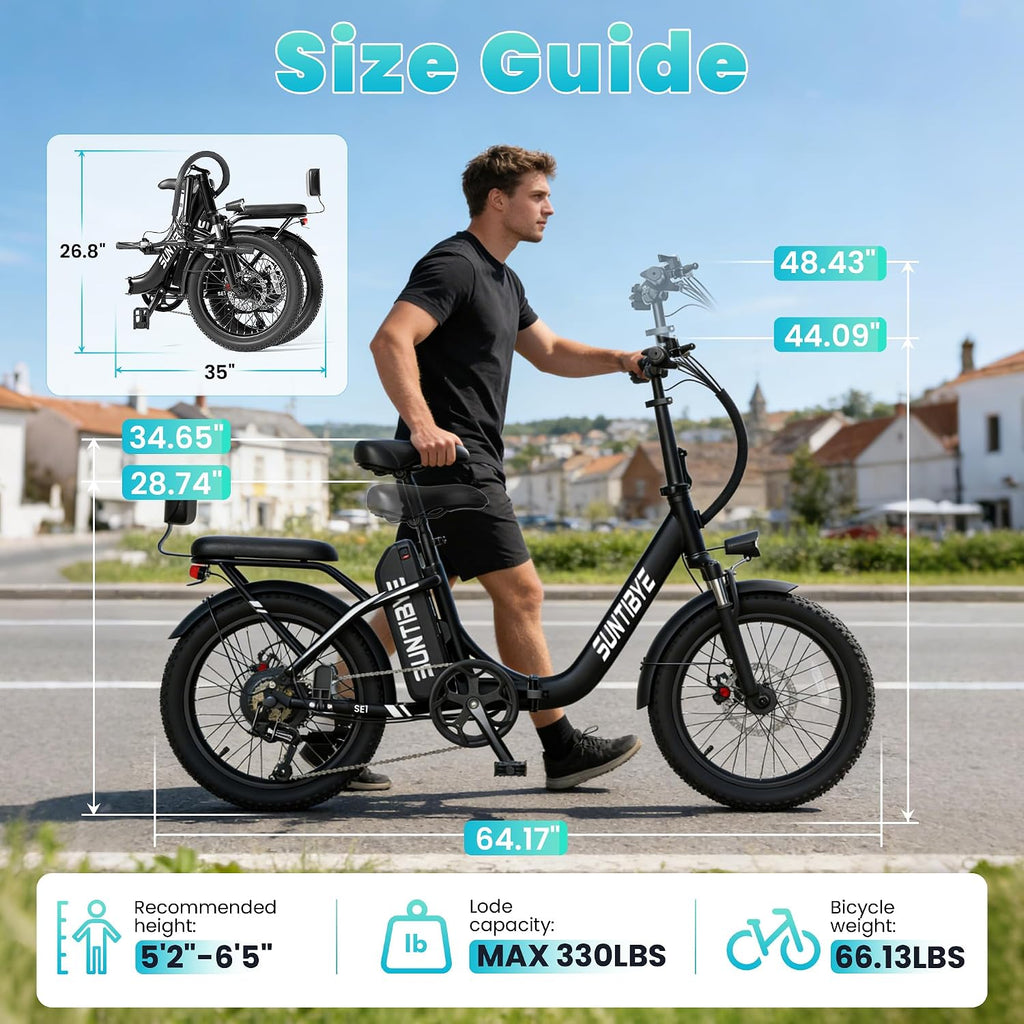 SUNTUBYE SE1 Foldable Electric Bike for Adults, 1500W Peak Motor, 48V 15Ah Battery, 20"X3" Fat Tire, 28Mph 55Miles Folding E Bike Suitable for Commuter