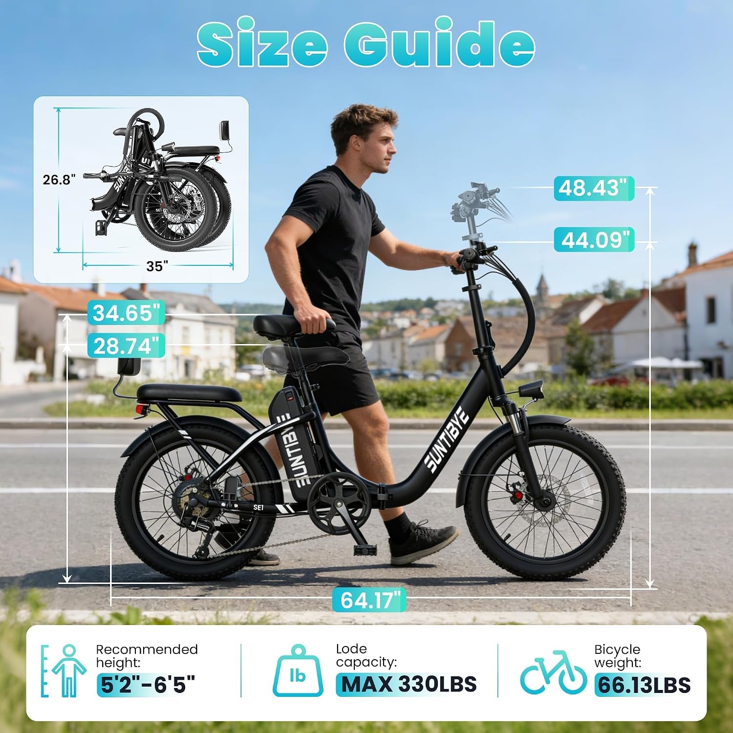 SUNTUBYE SE1 Foldable Electric Bike for Adults, 1500W Peak Motor, 48V 15Ah Battery, 20"X3" Fat Tire, 28Mph 55Miles Folding E Bike Suitable for Commuter