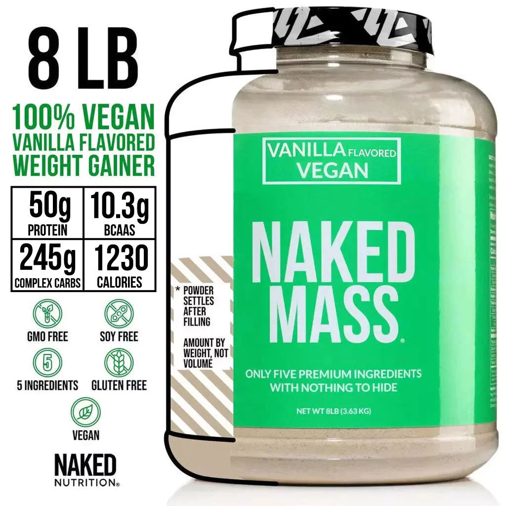 NAKED Mass - Vanilla Vegan Weight Gainer - 8Lb Bulk, GMO Free, Gluten Free, Soy Free & Dairy Free. No Artificial Ingredients - 1,230 Calories - 11 Servings