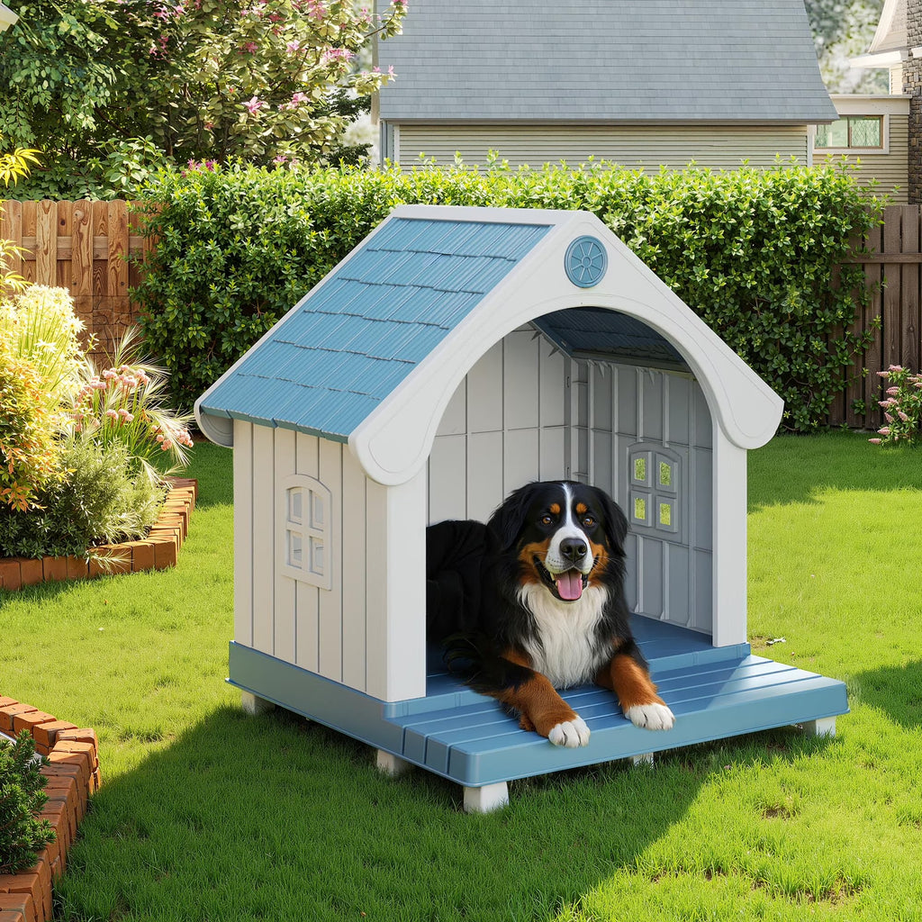 Easyup Dog House Resin Dog Kennel with Cute Elegant Design & Extended Elevated Floor, Dog Houses for Large Dogs outside Weatherproof for Indoor & Outdoor Use