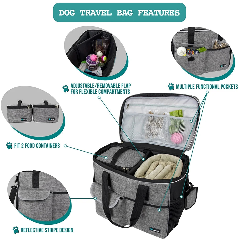 Dog Travel Bag, Travel Pet Bag Organizer, Dog Food Travel Bag with Food Container and Bowls, Dog Travel Supplies Gift Accessories for Weekend Camping, Dog Cat Diaper Bag (Grey, Large)
