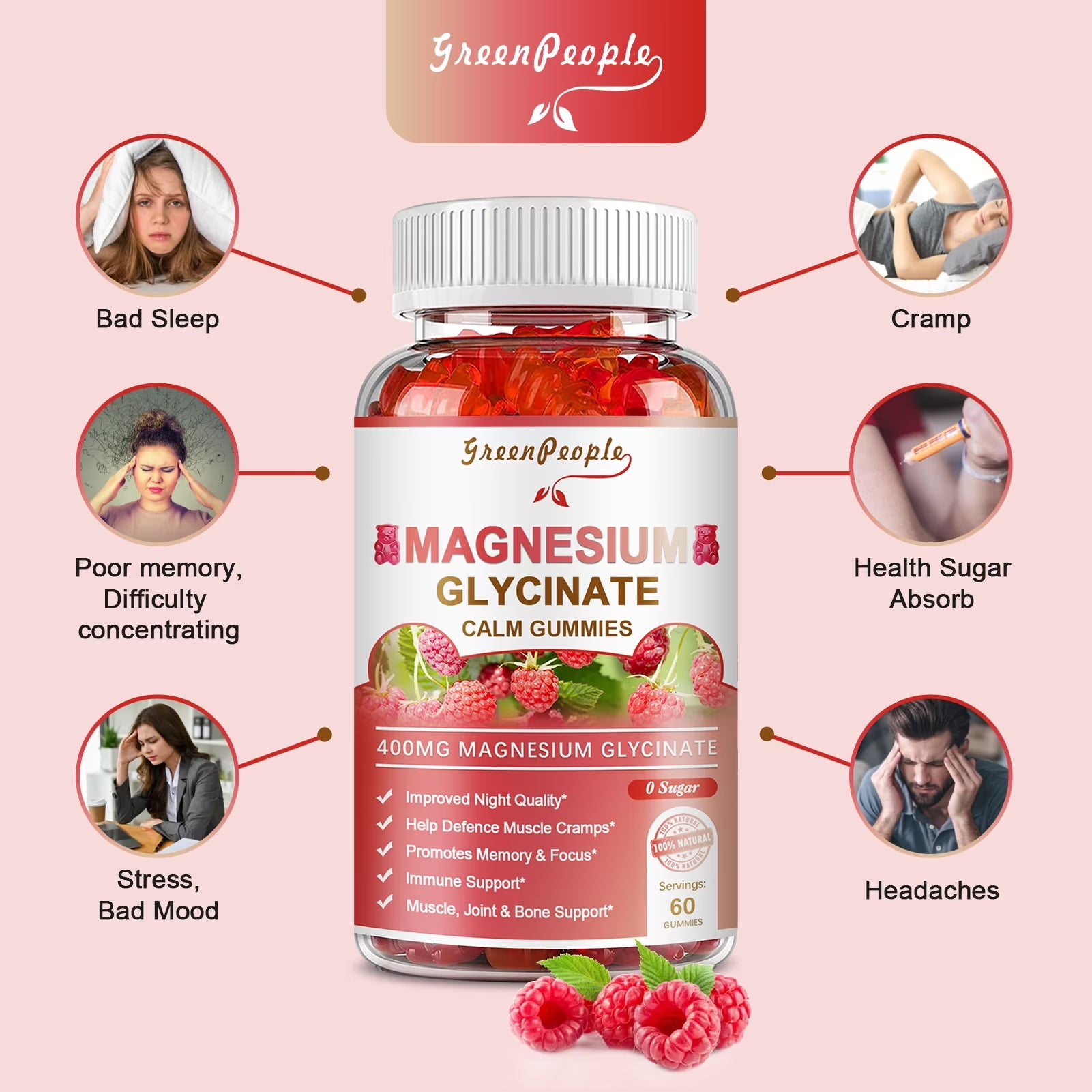Magnesium Glycinate Gummies 600Mg - Sugar Free Magnesium Potassium Supplement - for Calm Support & Sleep for Adults- 60 Raspberry Gummies(2 Pack)