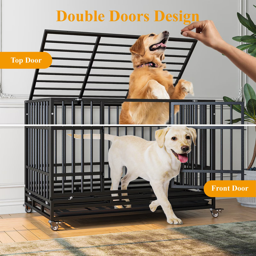 48 Inch Heavy Duty Indestructible Dog Crate W/ Double Doors Indoor Extra Large Dog Crate W/ Self-Locking Latch & Removable Tray