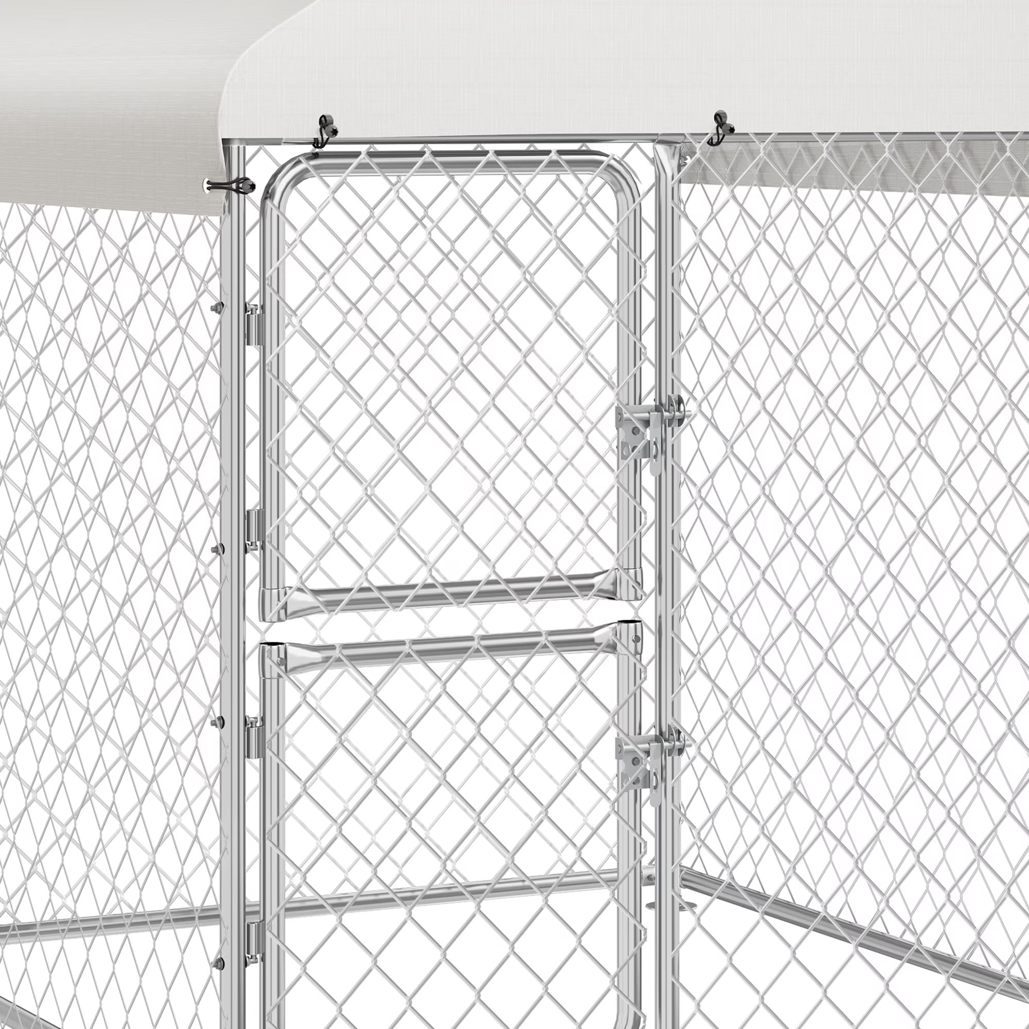 4×5.4FT Outdoor Dog Kennel, Square Dog Crates Fence with Dual-Section Doors, Weather-Resistant Roof Cover, Mesh Design for Dogs of Various Sizes, Silver