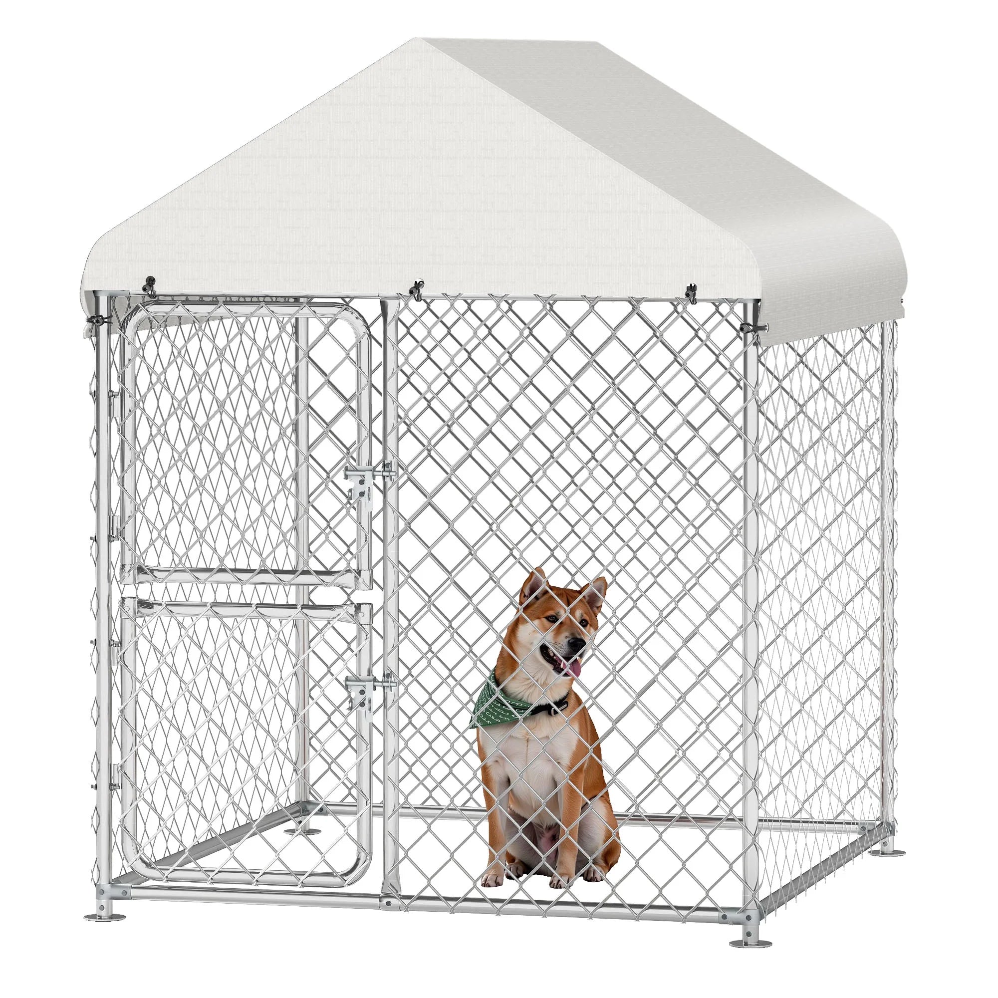 4×5.4FT Outdoor Dog Kennel, Square Dog Crates Fence with Dual-Section Doors, Weather-Resistant Roof Cover, Mesh Design for Dogs of Various Sizes, Silver