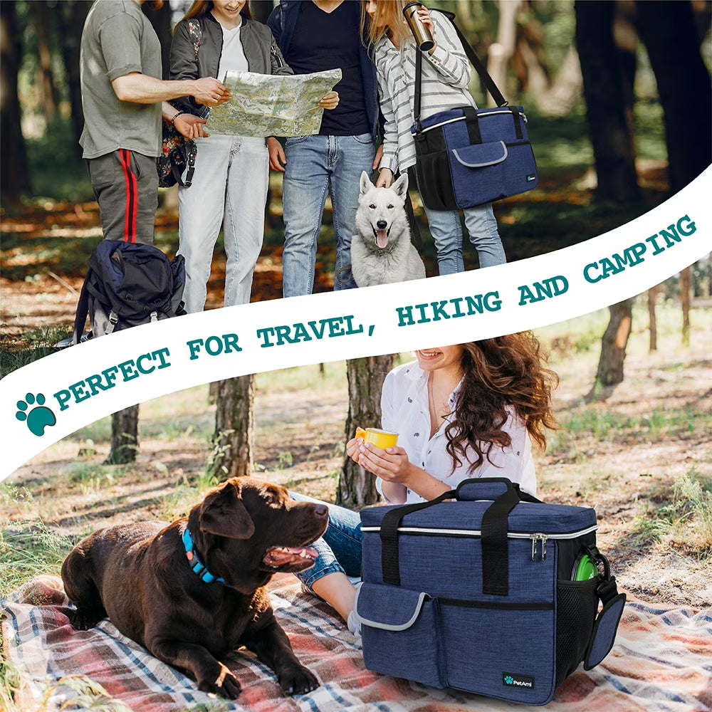 Dog Travel Bag, Travel Pet Bag Organizer, Dog Food Travel Bag with Food Container and Bowls, Dog Travel Supplies Gift Accessories for Weekend Camping, Dog Cat Diaper Bag (Navy, Large)